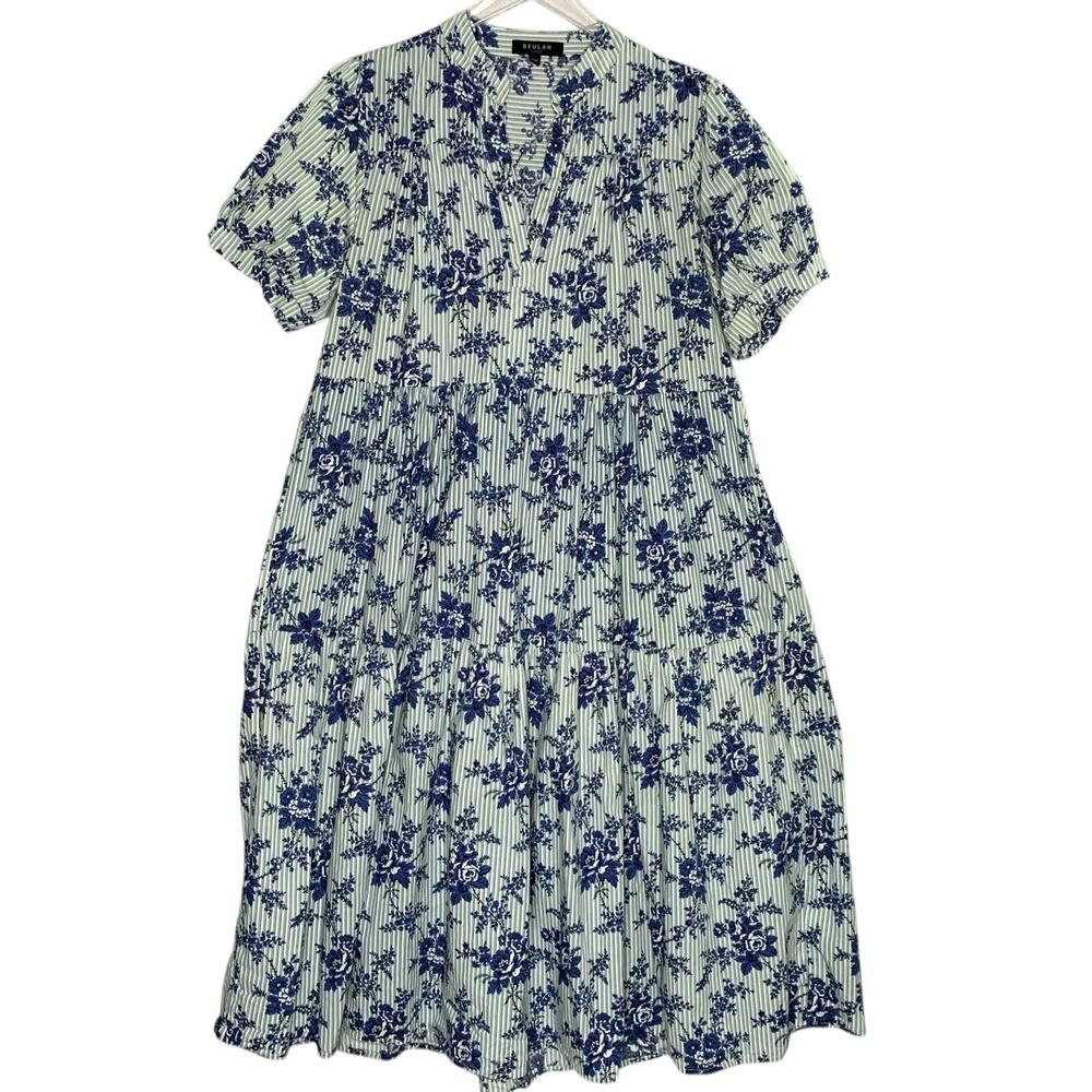 Beulah Style OS Floral Stripe Printed Midi Dress Tiered Cottage Milk Maid